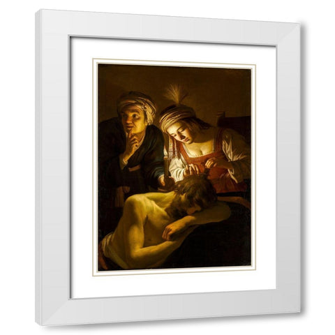 Samson and Delilah White Modern Wood Framed Art Print with Double Matting by Honthorst, Gerrit van