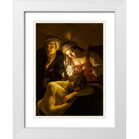 Samson and Delilah White Modern Wood Framed Art Print with Double Matting by Honthorst, Gerrit van