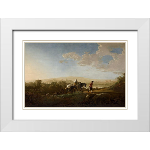 Travelers in Hilly Countryside White Modern Wood Framed Art Print with Double Matting by Cuyp, Aelbert