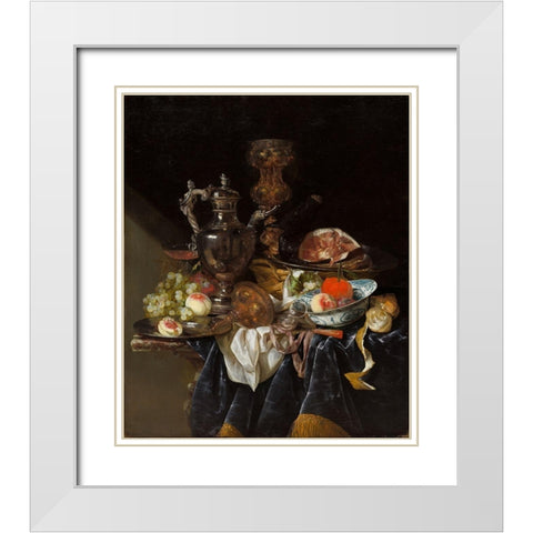 Silver Wine Jug, Ham, and Fruit White Modern Wood Framed Art Print with Double Matting by Beyeren, Abraham van