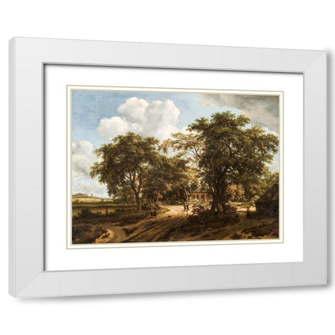 A Cottage in the Woods White Modern Wood Framed Art Print with Double Matting by Hobbema, Meindert