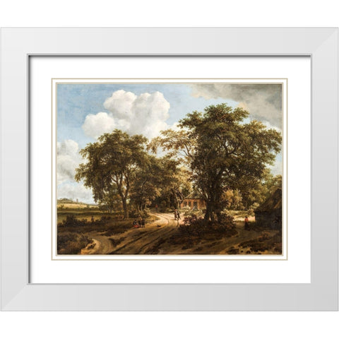 A Cottage in the Woods White Modern Wood Framed Art Print with Double Matting by Hobbema, Meindert