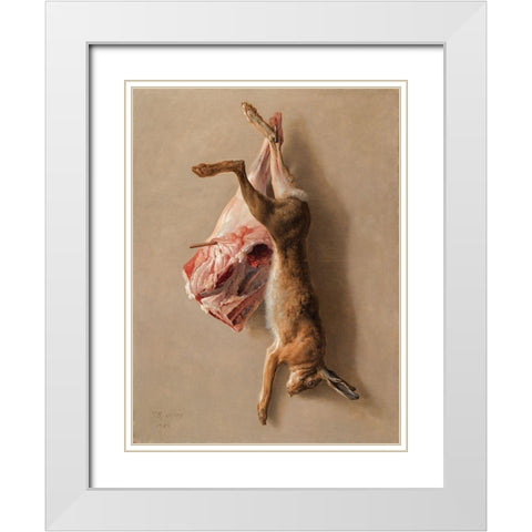 A Hare and a Leg of Lamb White Modern Wood Framed Art Print with Double Matting by Oudry, Jean-Baptiste
