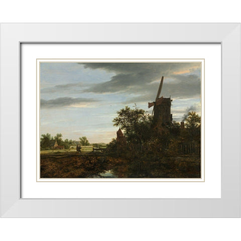 Landscape with a Windmill White Modern Wood Framed Art Print with Double Matting by Ruisdael, Jacob van
