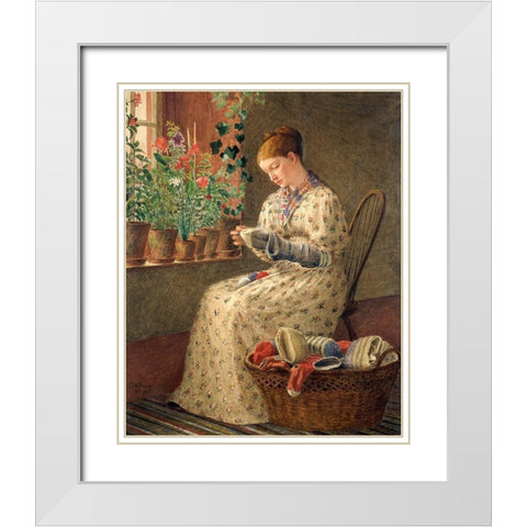 A Months Darning 1876 White Modern Wood Framed Art Print with Double Matting by Perry, Enoch Wood