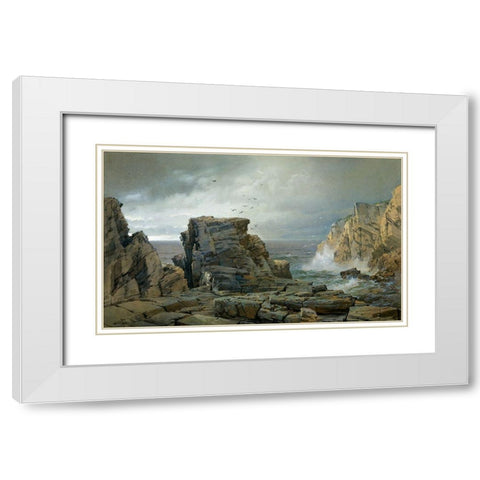 A Rocky Coast 1877 White Modern Wood Framed Art Print with Double Matting by Richards, William Trost