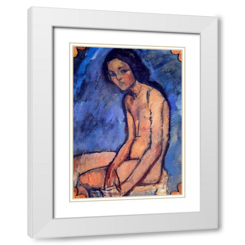Seated Nude 1909 White Modern Wood Framed Art Print with Double Matting by Modigliani, Amedeo