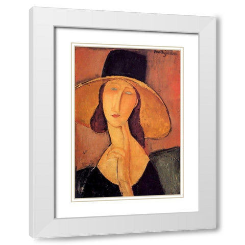 Portrait dune jeune femme au chapeau (Jeanne Hobuterne avec un grand chapeau) White Modern Wood Framed Art Print with Double Matting by Modigliani, Amedeo