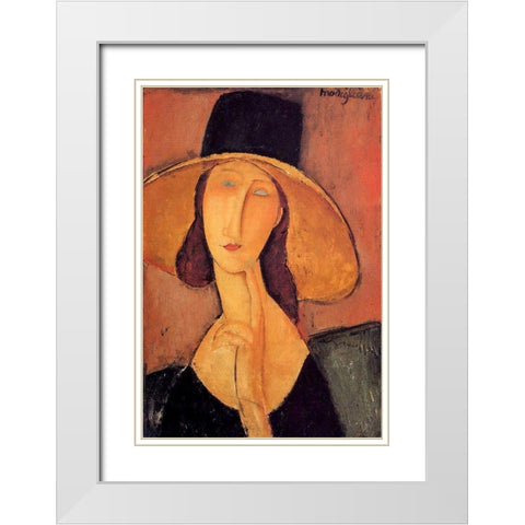 Portrait dune jeune femme au chapeau (Jeanne Hobuterne avec un grand chapeau) White Modern Wood Framed Art Print with Double Matting by Modigliani, Amedeo