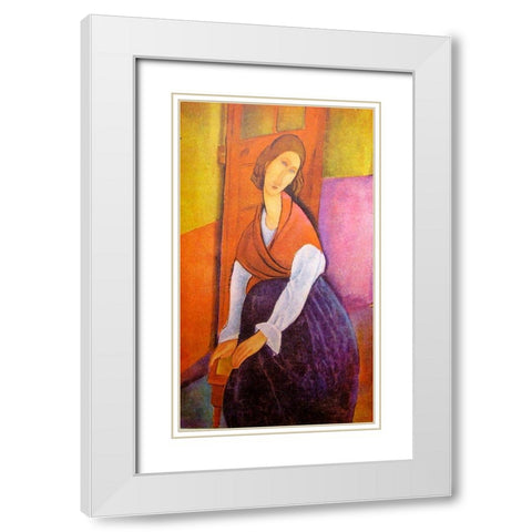 Lady in red shawl White Modern Wood Framed Art Print with Double Matting by Modigliani, Amedeo