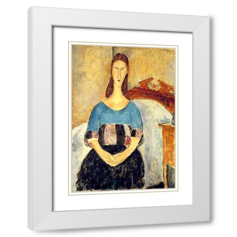Seated lady on bed White Modern Wood Framed Art Print with Double Matting by Modigliani, Amedeo