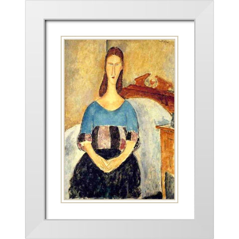 Seated lady on bed White Modern Wood Framed Art Print with Double Matting by Modigliani, Amedeo