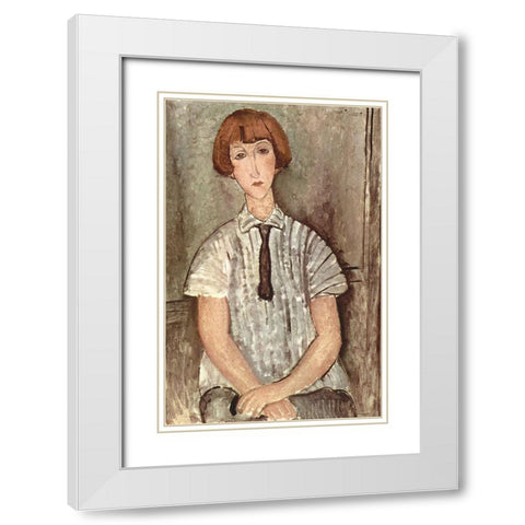 Seated woman with tie White Modern Wood Framed Art Print with Double Matting by Modigliani, Amedeo