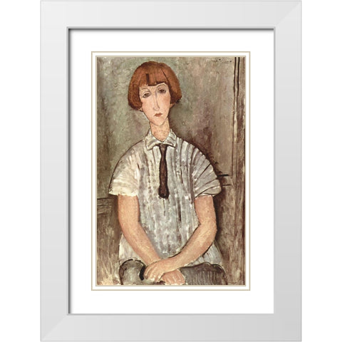 Seated woman with tie White Modern Wood Framed Art Print with Double Matting by Modigliani, Amedeo