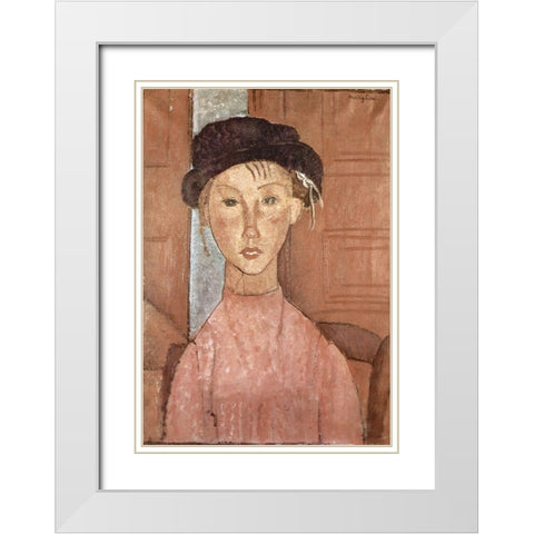 Seated woman with hat White Modern Wood Framed Art Print with Double Matting by Modigliani, Amedeo