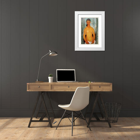 Seated nude girl White Modern Wood Framed Art Print with Double Matting by Modigliani, Amedeo