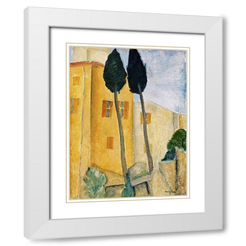 Cypress Trees and Houses, Midday Landscape 1919 White Modern Wood Framed Art Print with Double Matting by Modigliani, Amedeo