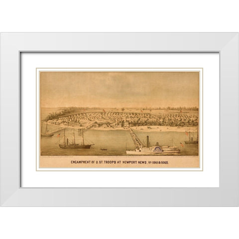 Encampment of US Federal Troops at Newport News 1861 White Modern Wood Framed Art Print with Double Matting by Vintage Maps