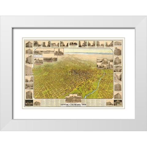 Denver-Colorado 1907 White Modern Wood Framed Art Print with Double Matting by Vintage Maps