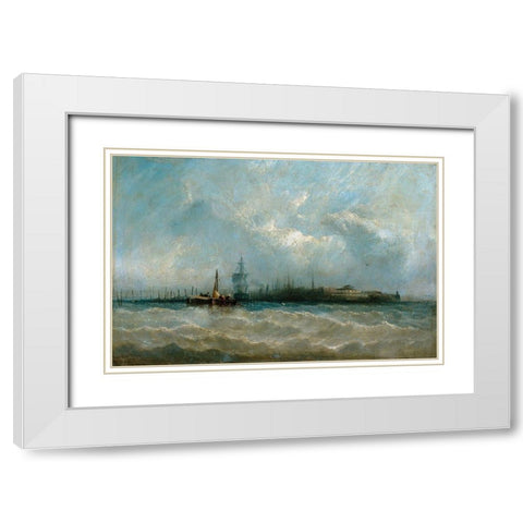 New York from the Harbor Showing the Battery and Castle Garden White Modern Wood Framed Art Print with Double Matting by Copestick, Alfred