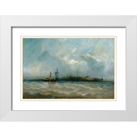 New York from the Harbor Showing the Battery and Castle Garden White Modern Wood Framed Art Print with Double Matting by Copestick, Alfred
