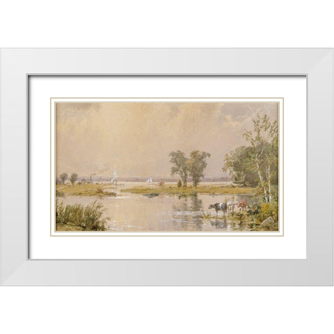Hackensack Meadows White Modern Wood Framed Art Print with Double Matting by Cropsey, Jasper Francis