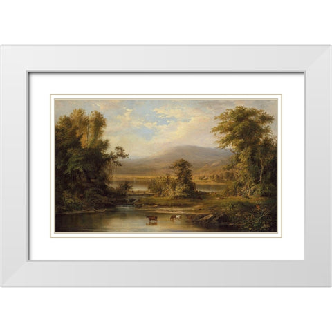 Landscape with Cows Watering in a Stream White Modern Wood Framed Art Print with Double Matting by Duncanson, Robert S.