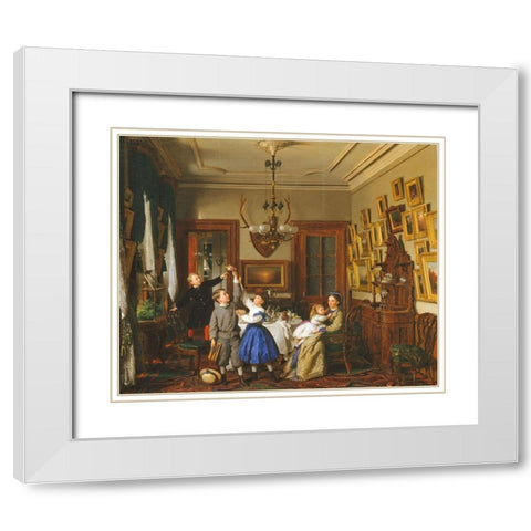 The Contest for the Bouquet: The Family of Robert Gordon in Their New York Dining-Room White Modern Wood Framed Art Print with Double Matting by Guy, Seymour Joseph