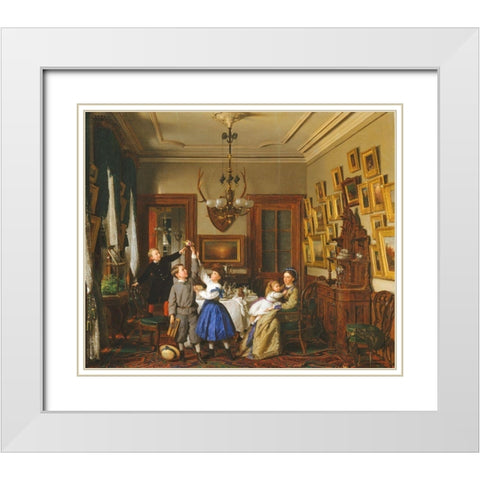 The Contest for the Bouquet: The Family of Robert Gordon in Their New York Dining-Room White Modern Wood Framed Art Print with Double Matting by Guy, Seymour Joseph