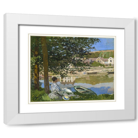On the Bank of the Seine, Bennecourt White Modern Wood Framed Art Print with Double Matting by Monet, Claude