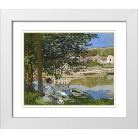On the Bank of the Seine, Bennecourt White Modern Wood Framed Art Print with Double Matting by Monet, Claude