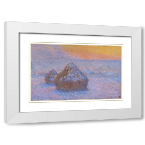 Stacks of Wheat (Sunset, Snow Effect) White Modern Wood Framed Art Print with Double Matting by Monet, Claude