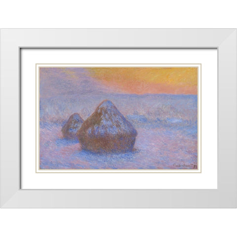 Stacks of Wheat (Sunset, Snow Effect) White Modern Wood Framed Art Print with Double Matting by Monet, Claude