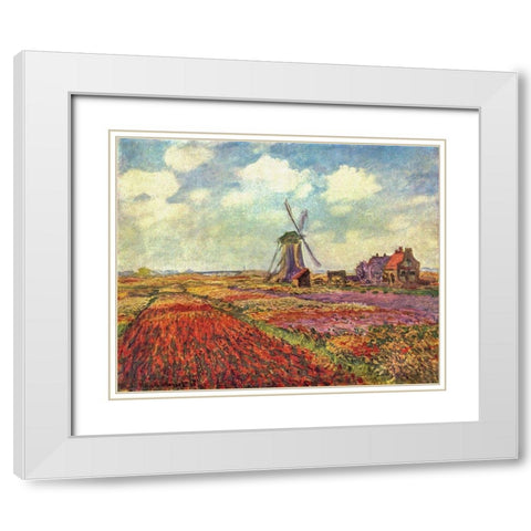 Tulip Field White Modern Wood Framed Art Print with Double Matting by Monet, Claude
