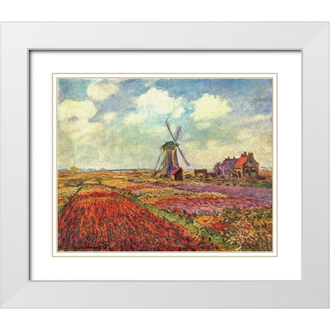 Tulip Field White Modern Wood Framed Art Print with Double Matting by Monet, Claude