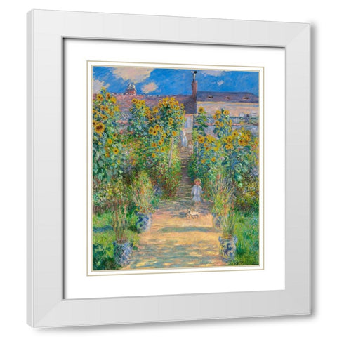 Garden of the artist at Vetheuil White Modern Wood Framed Art Print with Double Matting by Monet, Claude