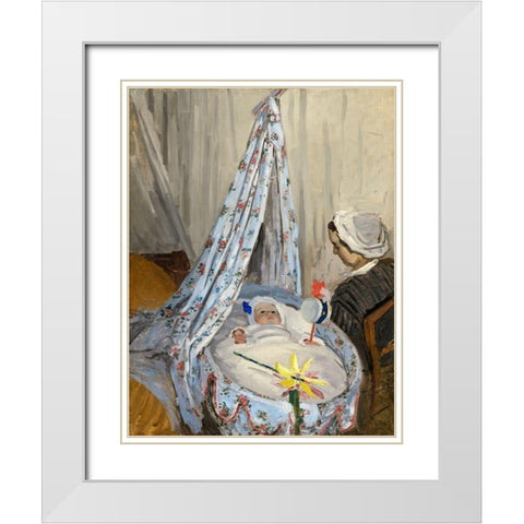 Jean Monet in the cradle White Modern Wood Framed Art Print with Double Matting by Monet, Claude