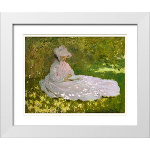 Springtime White Modern Wood Framed Art Print with Double Matting by Monet, Claude