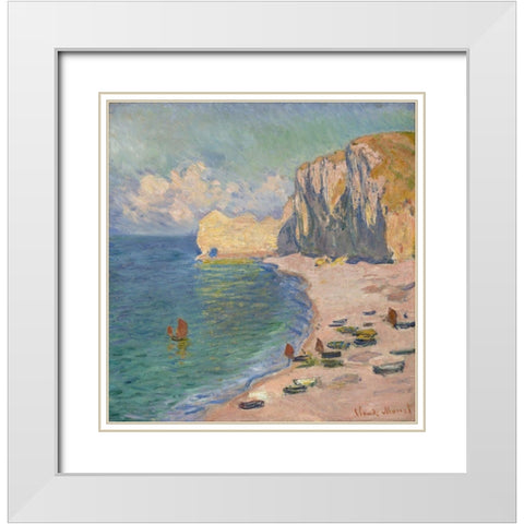 The Beach and the Falaise d Amont White Modern Wood Framed Art Print with Double Matting by Monet, Claude