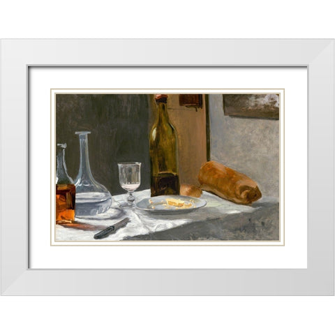 Still Life with Bottle, Carafe, Bread, and Wine White Modern Wood Framed Art Print with Double Matting by Monet, Claude