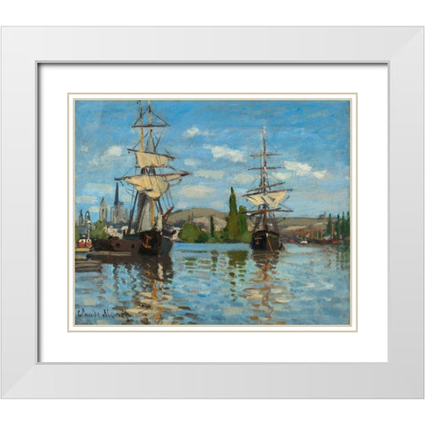 Ships Riding on the Seine at Rouen White Modern Wood Framed Art Print with Double Matting by Monet, Claude