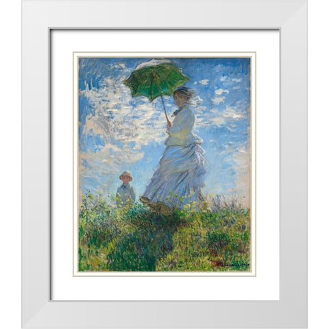 Woman with a Parasol - Madame Monet and Her Son White Modern Wood Framed Art Print with Double Matting by Monet, Claude