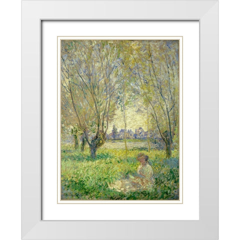 Woman Seated under the Willows White Modern Wood Framed Art Print with Double Matting by Monet, Claude