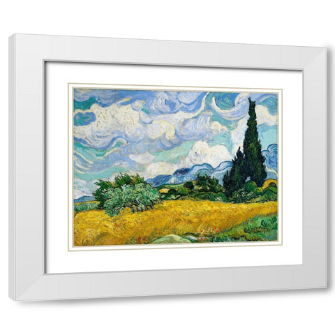 Wheat Field with Cypresses (1889) White Modern Wood Framed Art Print with Double Matting by Van Gogh, Vincent