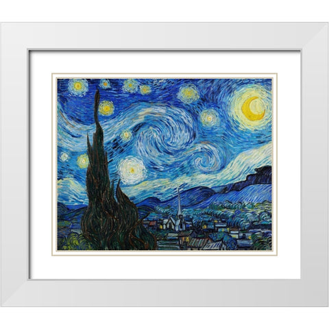 The Starry Night (1889) White Modern Wood Framed Art Print with Double Matting by Van Gogh, Vincent