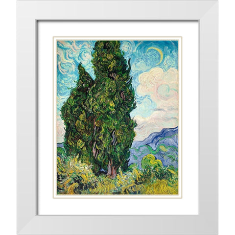 Cypresses (1889) White Modern Wood Framed Art Print with Double Matting by Van Gogh, Vincent