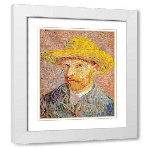 Self-Portrait with a Straw Hat (1887)Â  White Modern Wood Framed Art Print with Double Matting by Van Gogh, Vincent