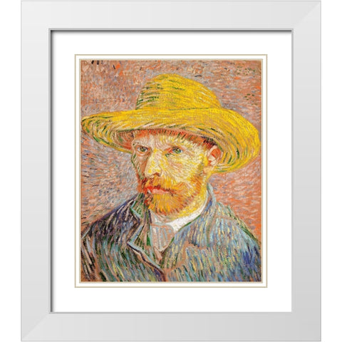 Self-Portrait with a Straw Hat (1887)Â  White Modern Wood Framed Art Print with Double Matting by Van Gogh, Vincent