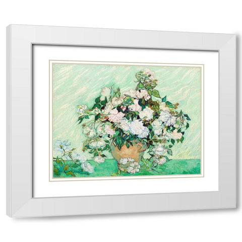 Roses (1890) White Modern Wood Framed Art Print with Double Matting by Van Gogh, Vincent