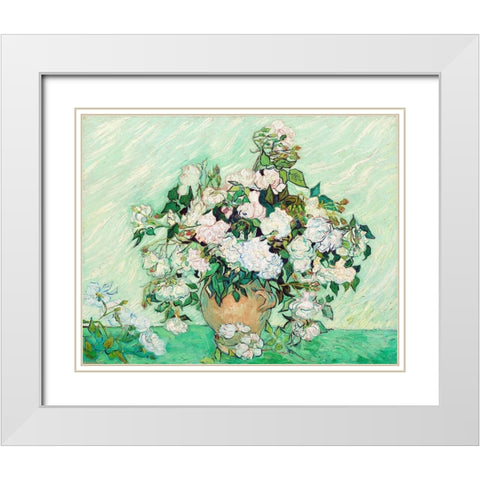 Roses (1890) White Modern Wood Framed Art Print with Double Matting by Van Gogh, Vincent